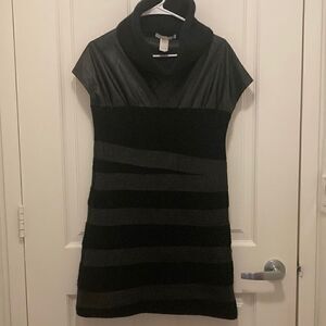 Les Copains Black Mini Dress with Cap sleeve and high Cowl Neck. Size Small.